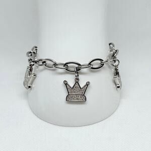 Folli Follie Silver-Tone Rhinestone Crown Charm Bracelet- Stamped